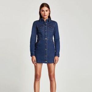 EUC ZARA Denim Mini Dress Y2K Long Sleeve Button Up Indie Sleaze Western Cowgirl